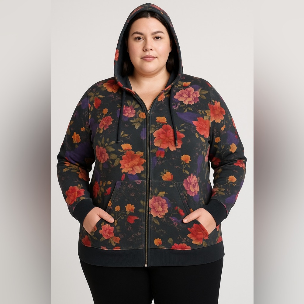 Johnny Was Los Angeles Floral Zip Hoodie XXL Black Cotton Stretch Boho Artsy - Picture 1 of 13